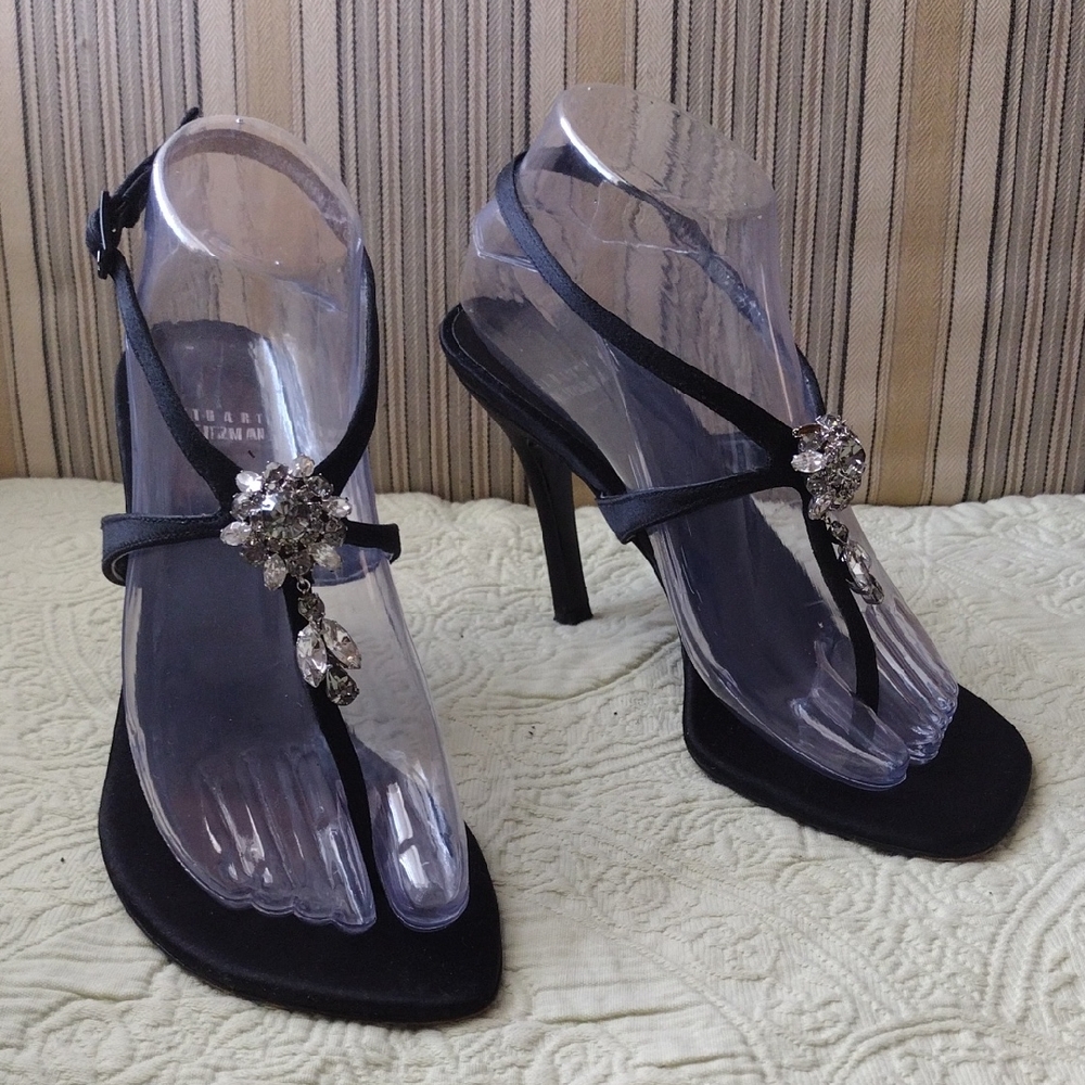 Stuart Weitznan  Elegant Black Strappy Heels with Crystal Embellishments 8